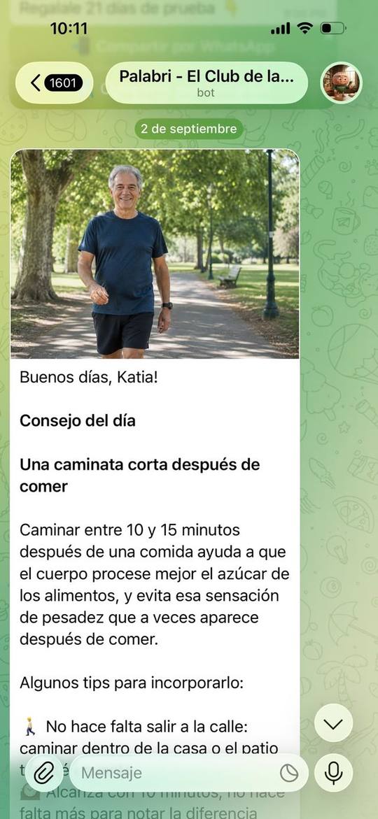 Captura del bot: el consejo del día, una caminata corta después de comer