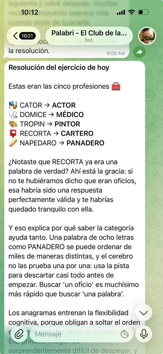 Captura del bot: la resolución del ejercicio de profesiones, explicada
